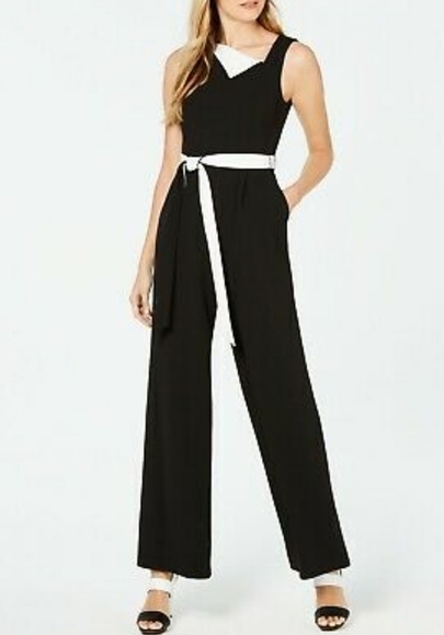 𝅺Calvin Klein Black Ivory Colorblock Sleeveless Jumpsuit - Picture 1 of 16